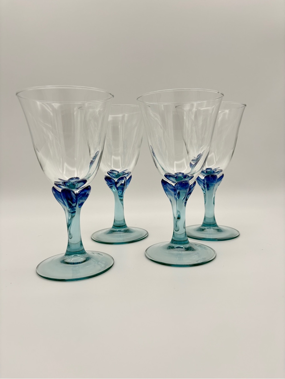 Vintage Luminarc France Blue Marbled Stem Wine Glasses Set 4 Tulip Goblet